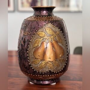 Vintage 12” Ceramic Vase Purple Gold Fruit With Carved Inlay